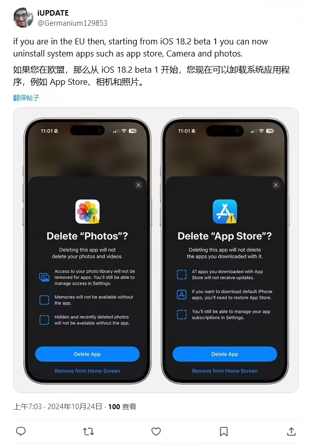 鱼峰苹果手机维修分享iOS 18.2 支持删除 App Store 应用商店 